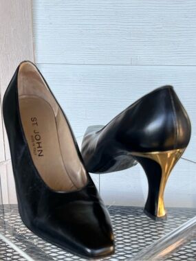 St. John Vintage Classic Black Leather Pumps with Gold Heel Accent